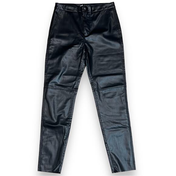 Zara Women's Black Faux Textured Leather Zip Ankle Legging Hi-Rise Size M - Picture 1 of 7